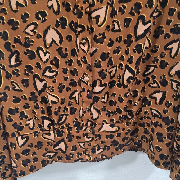 Karl Lagerfeld Leopard Heart Print Blouse Brown Size L Long Sleeve Smocked - Picture 10 of 13